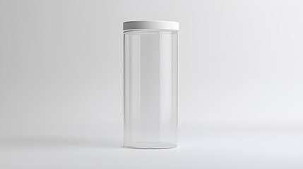 Minimalist Transparent Drink Container with White Lid on White Background - Emphasizing Simplicity and Elegance