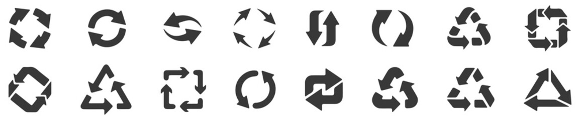 Recycle arrows. Garbage circular, triangle and square recycling icons, eco protection elements and recycled eco sign vector isolated icons set. Waste disposal alternative. Sustainable resource use
