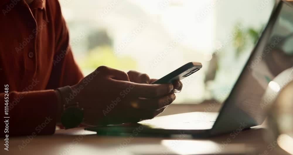 Poster hands, mobile phone and laptop for communication, network and internet in home office. person, typin