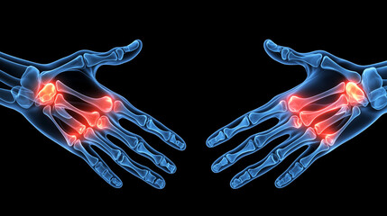 3D X-ray of the hands, showing joint pain for rheumatoid arthritis with a red color in both the knuckles and fingers on a black background