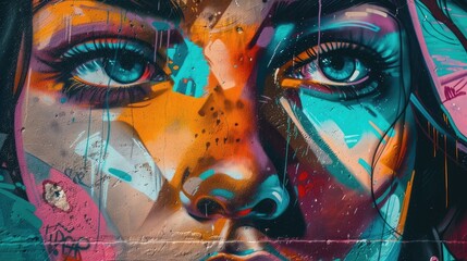 Colorful graffiti art depicting influential women throughout history adorning the walls of a bustling city street
