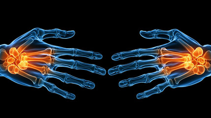3D X-ray of the hands, showing joint pain for rheumatoid arthritis with a red color in both the knuckles and fingers on a black background