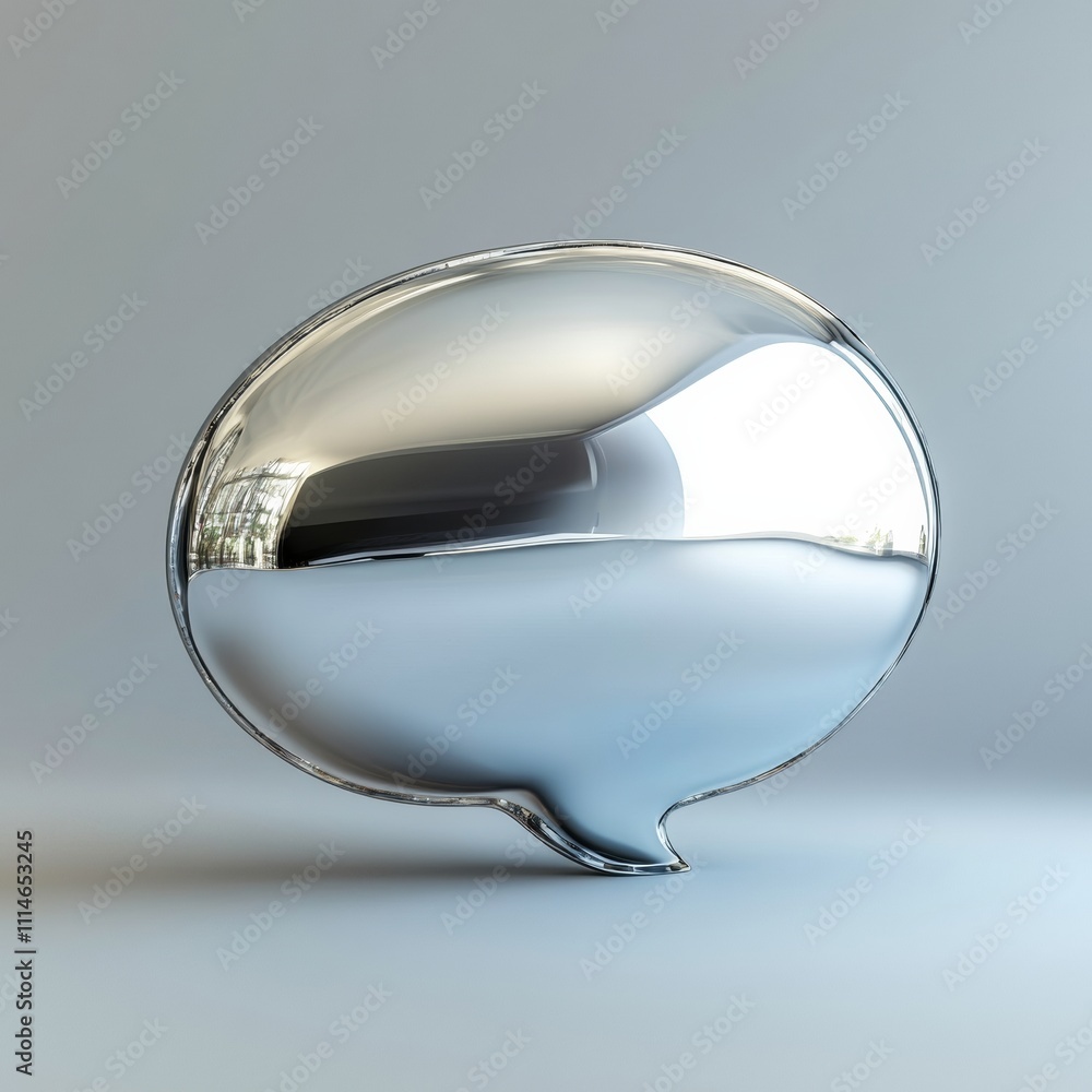 Poster minimal speech bubble rendered in shiny chrome with soft reflections
