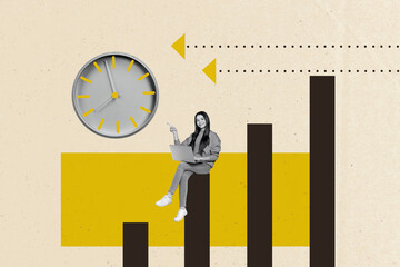 Composite photo collage of happy girl freelancer sit promotion chart type laptop point deadline...