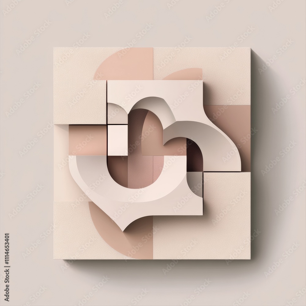 Poster minimalist 3d design featuring interlocking shapes in a neutral color palette