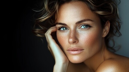 Fototapeta premium Beautiful woman with captivating gaze gazes sideways in high contrast studio portrait emphasizing her stunning features and playful expression