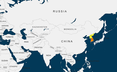 Obraz premium World Map Highlighting south korea and north korea in Color