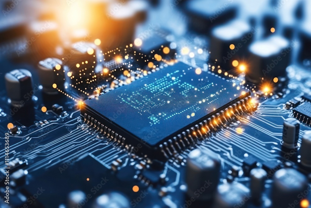 Poster Illuminated Microchip on Circuit Board Showing Data Flow
