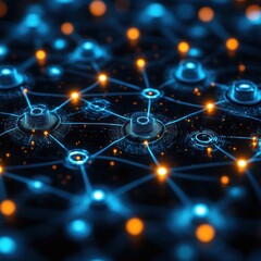 Obraz premium Abstract digital network visualization with glowing nodes and connections.