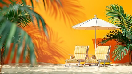 Obraz premium Two beach chairs under parasol enjoying tropical scenery