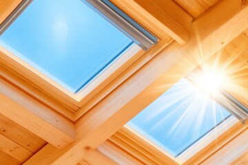 Obraz premium Sunlight streams through skylights in eco-friendly attic renovation showcasing sustainable materials and design