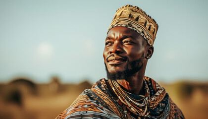 Majestic portrayal of a regal figure adorned in traditional attire against a serene landscape created through 3D animation techniques and artificial intelligence. Generative AI