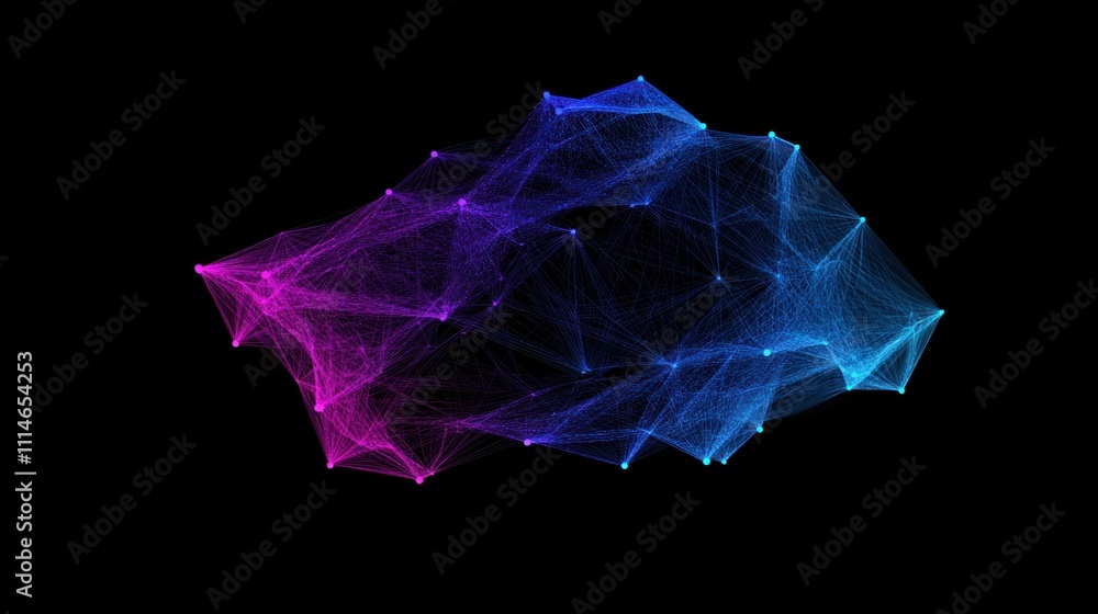 Poster abstract network of glowing pink and blue points and lines on black background.