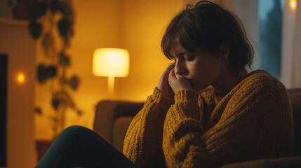 Young woman in orange sweater sitting on sofa at home with sad and depressed face and holding her head with hands because of severe headache