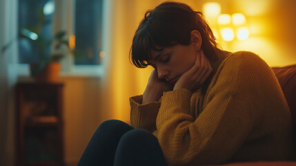 Young woman in orange sweater sitting on sofa at home with sad and depressed face and holding her head with hands because of severe headache