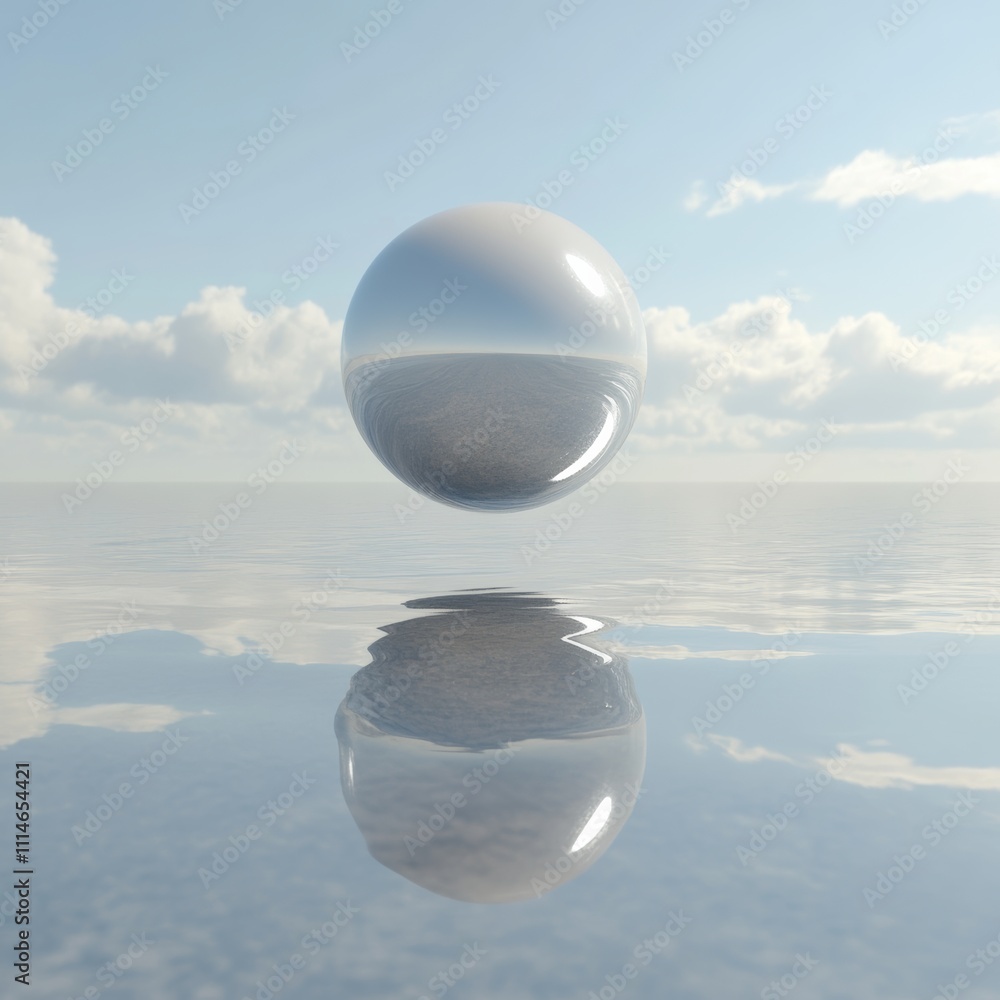 Poster single 3d sphere floating above a reflective surface, symbolizing simplicity and focus