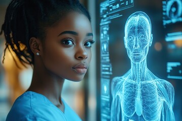 Doctor checking patient test results standing near big screen with virtual human body