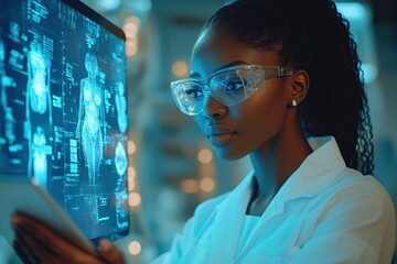 Doctor using digital tablet and checking patient test results standing near big screen with virtual human body