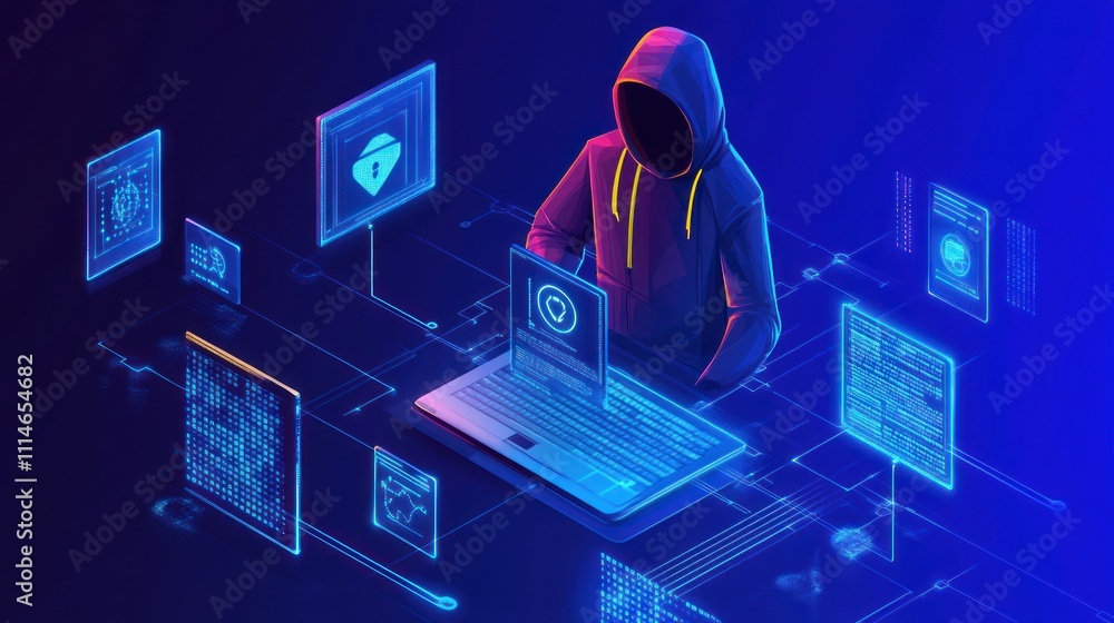 Poster Hooded Hacker Working on a Laptop with Digital Data Streams