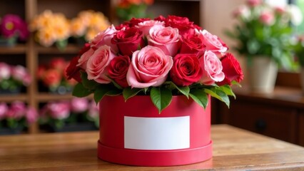 Obraz premium beautiful bouquet of roses in gift red round box with white blank square label, on the background flower shop in blur, valentines day