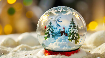 Classic snow globe with a miniature winter scene inside, featuring snow-covered trees, a reindeer, and a cozy house. The snow globe is sitting on a snowy surface with a warm, bokeh background.