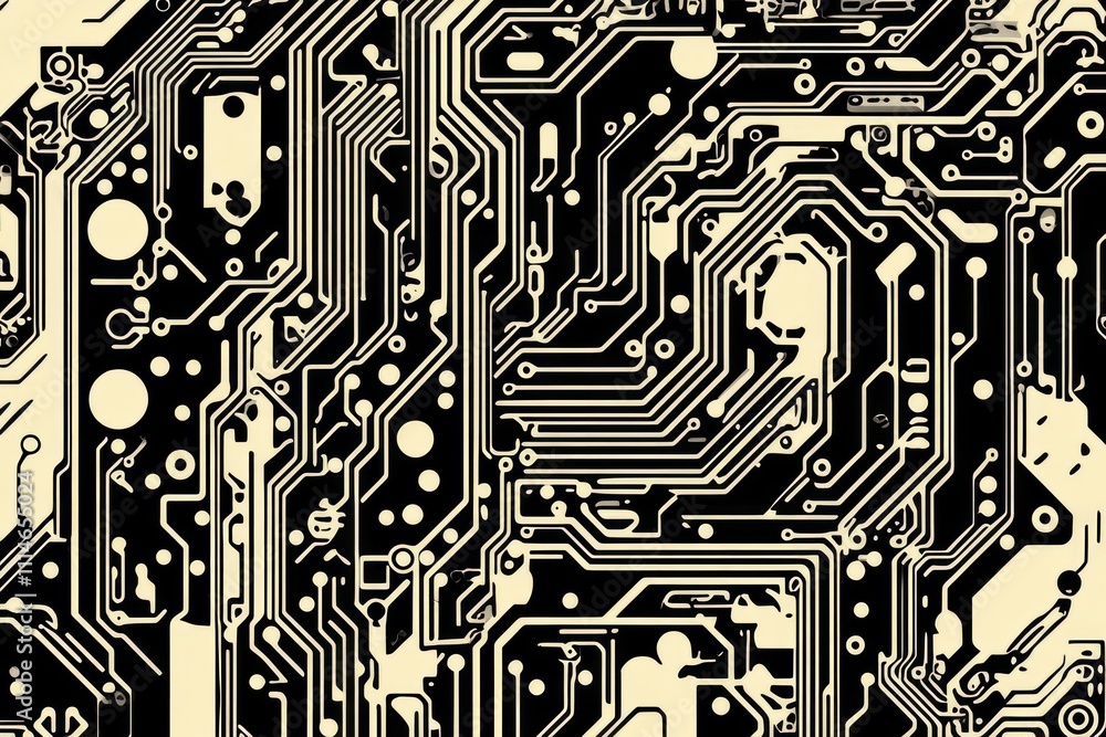 Poster Abstract Circuit Board Pattern Design In Black And Beige
