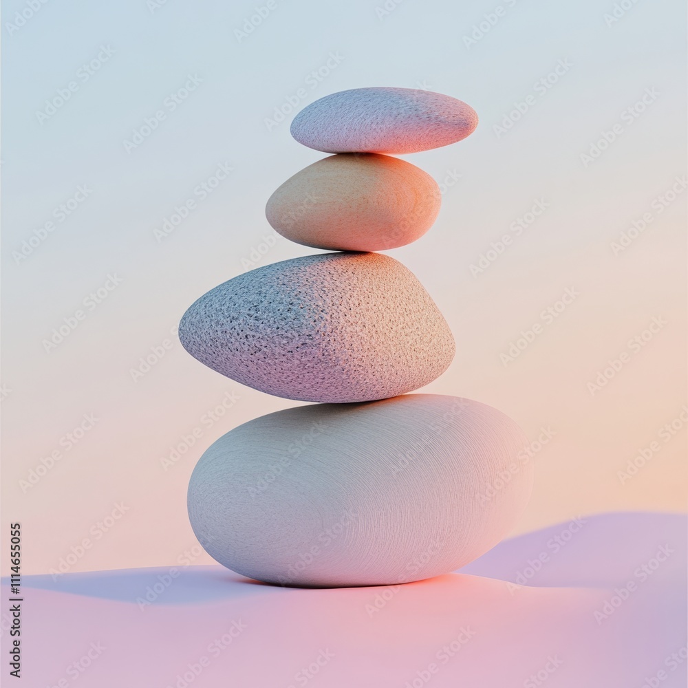 Poster smooth pebble-shaped objects arranged in a balanced stack on a soft gradient background