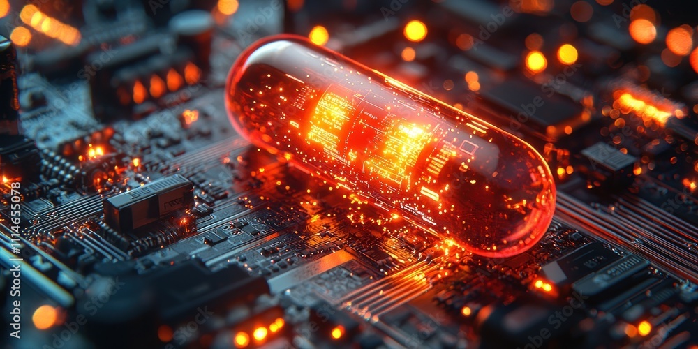 Poster glowing capsule containing circuitry rests on motherboard