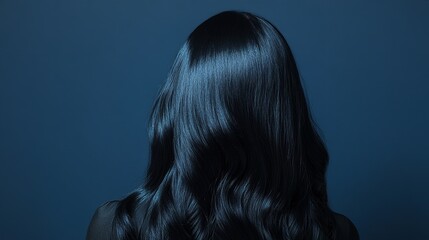 Fototapeta premium Beauty Composition Long Black Hair from Behind on a Bold Navy Blue Background