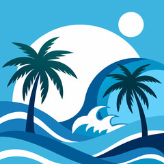 Obraz premium Ocean waves and palm trees.