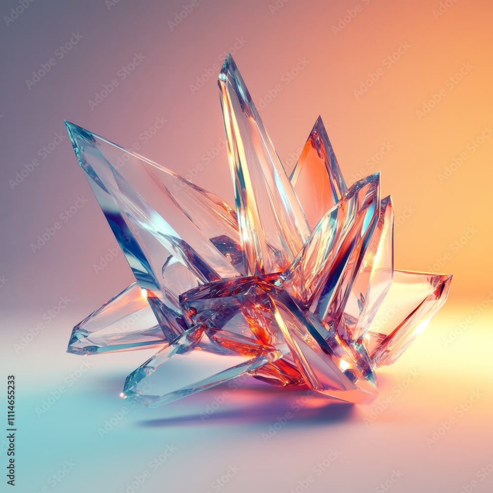 Poster symmetrical crystal-like structure with sharp edges on a soft gradient background