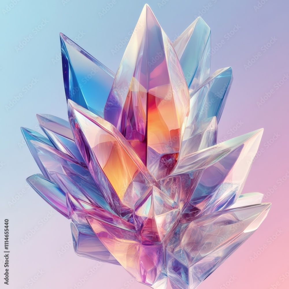 Poster symmetrical crystal-like structure with sharp edges on a soft gradient background