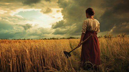 Heroic female farmer standing in a golden field under a dramatic sky at sunset