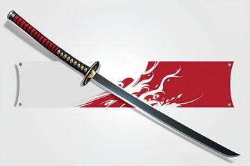 A sleek and elegant katana sword placed against a bold red splash backdrop. The design exudes a sense of precision, tradition, and the artistry of Japanese craftsmanship.