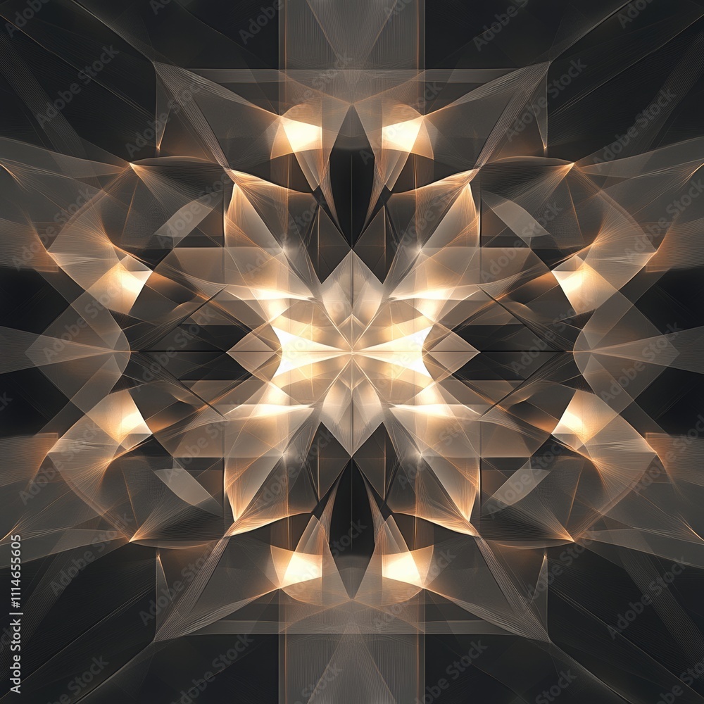 Poster symmetrical design featuring glowing geometric forms in a neutral color palette