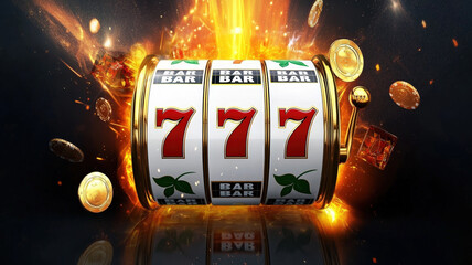 Golden Slot Machine with Jackpot Winning 777 Symbols and Falling Coins on Black Background