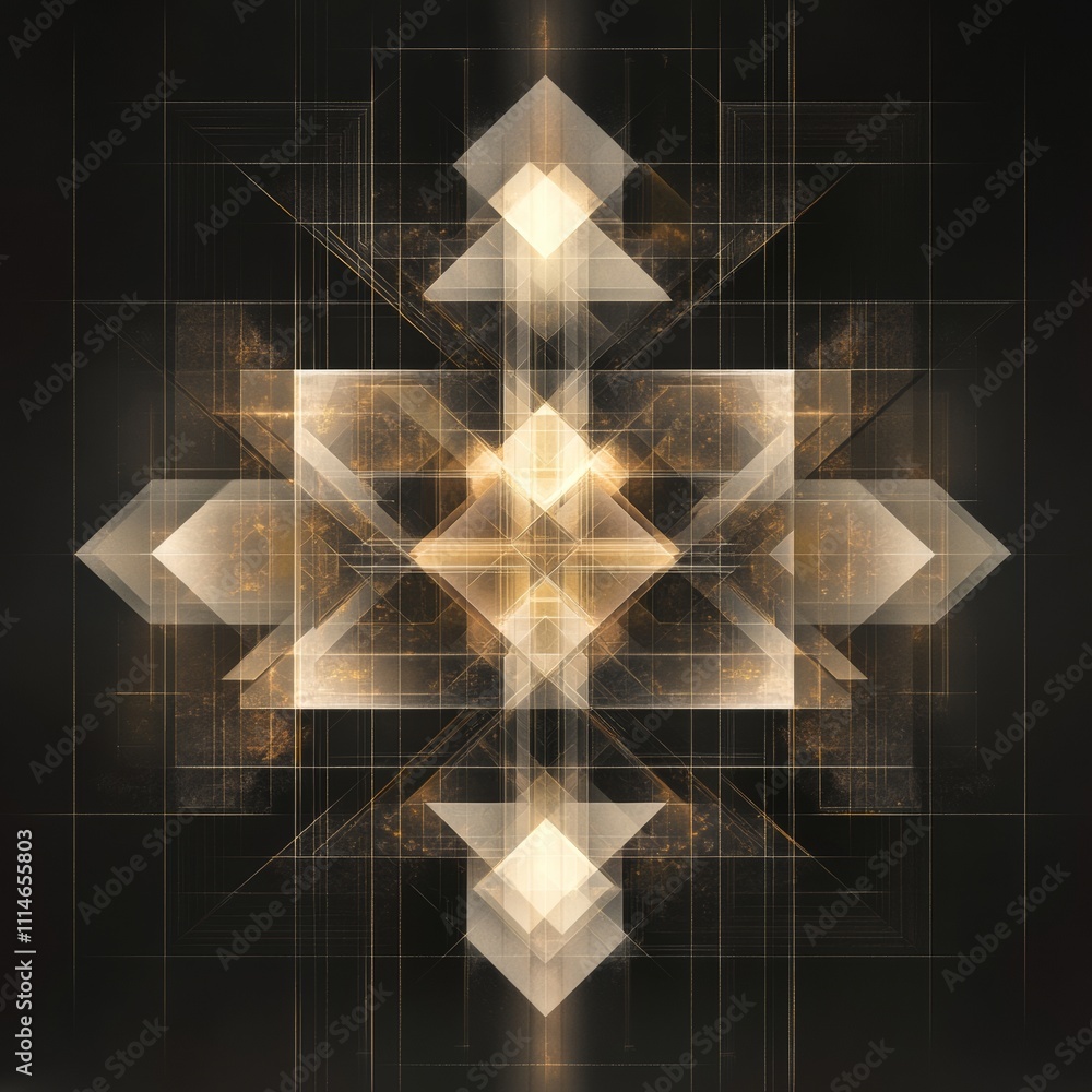 Poster symmetrical design featuring glowing geometric forms in a neutral color palette