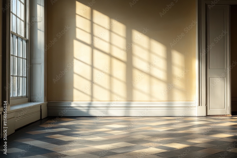Poster sunlight illuminates room with checkered floor and window