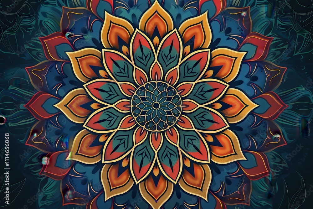 Poster intricate mandala design features detailed floral patterns and geometric shapes on dark background, 