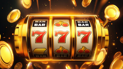 Golden Slot Machine with Jackpot Winning 777 Symbols and Falling Coins on Black Background