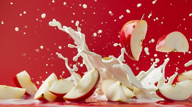 Red Apple Slices Splashing Into Milk