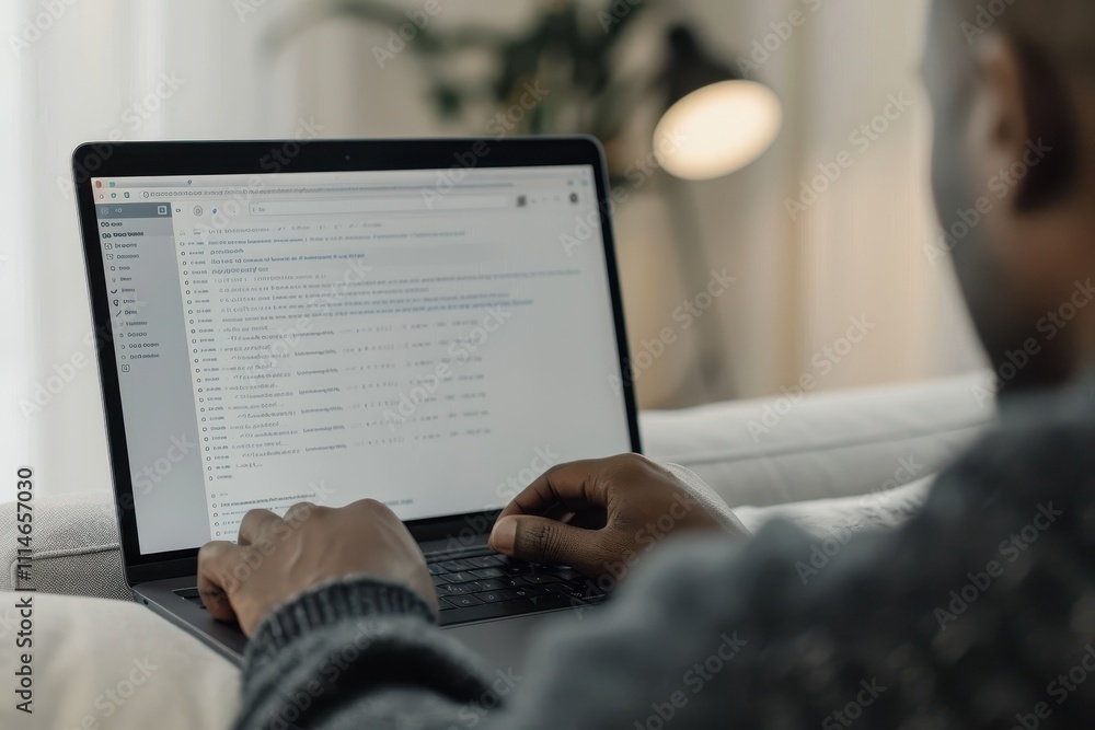 Poster focused individual working late at night in a cozy workspace illuminated by soft lights and a comput