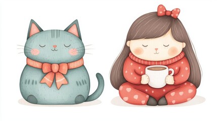 Cozy girl and cat enjoying a warm drink.