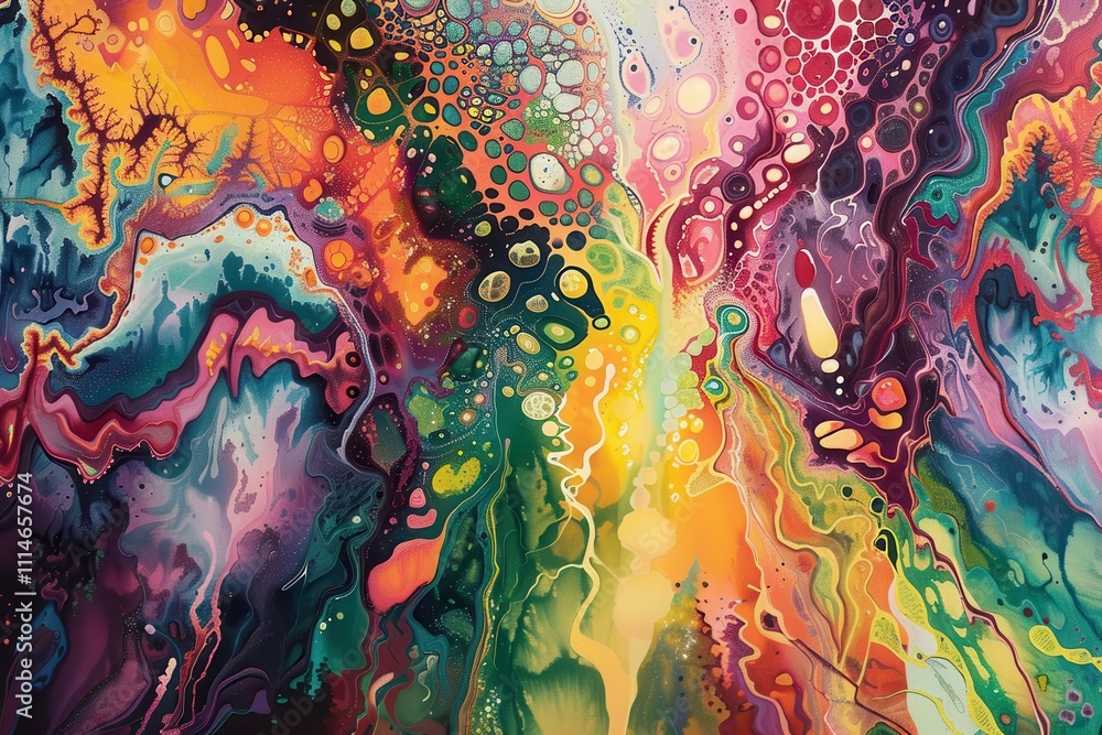 Leinwandbilder Vibrant abstract artwork showcasing dynamic colors and intricate patterns in a cosmic swirl at an art exhibition in an urban gallery setting