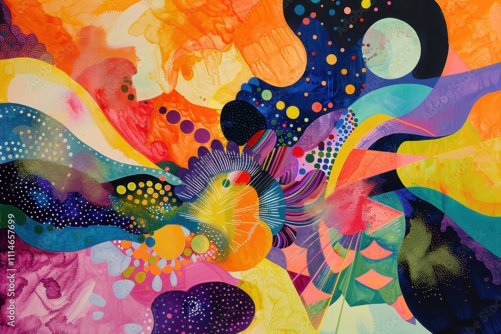 Poster Vibrant abstract artwork showcasing dynamic colors and intricate patterns in a cosmic swirl at an art exhibition in an urban gallery setting