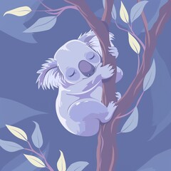 Obraz premium Sleeping koala on eucalyptus tree branch at night.