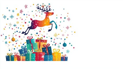Obraz premium Colorful reindeer jumping among festive gifts.