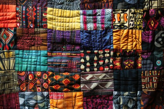 Colorful quilt showcasing intricate patterns and vibrant fabrics at a community craft fair in late afternoon sunlight