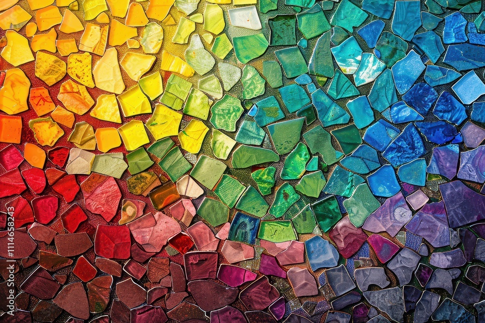 Poster colorful mosaic displaying vibrant glass pieces arranged in a beautiful gradient from warm hues to c