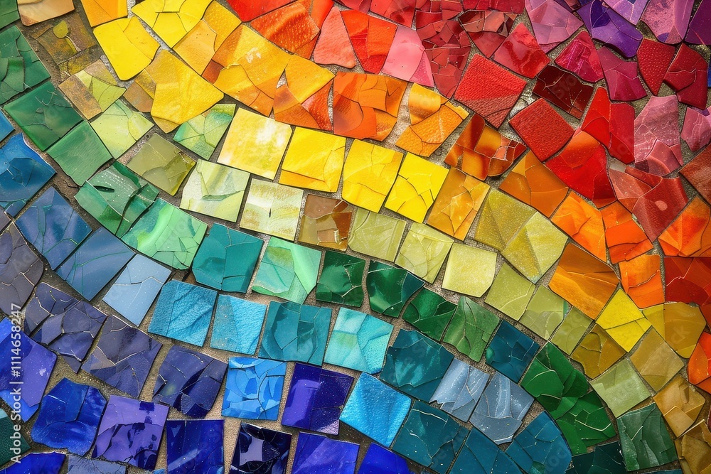 Poster colorful mosaic displaying vibrant glass pieces arranged in a beautiful gradient from warm hues to c
